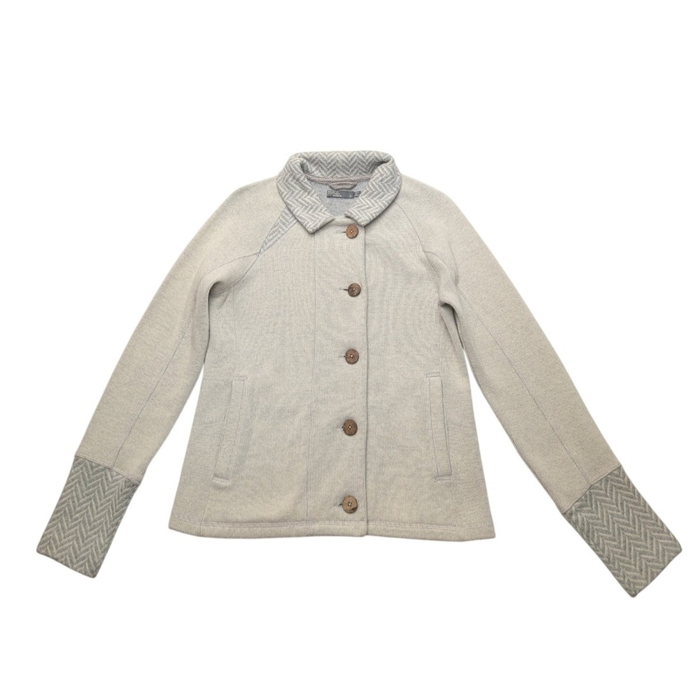 Prana Button Up Sweater Jacket Womens Small Gray Herringbone Trim Knit Cardigan